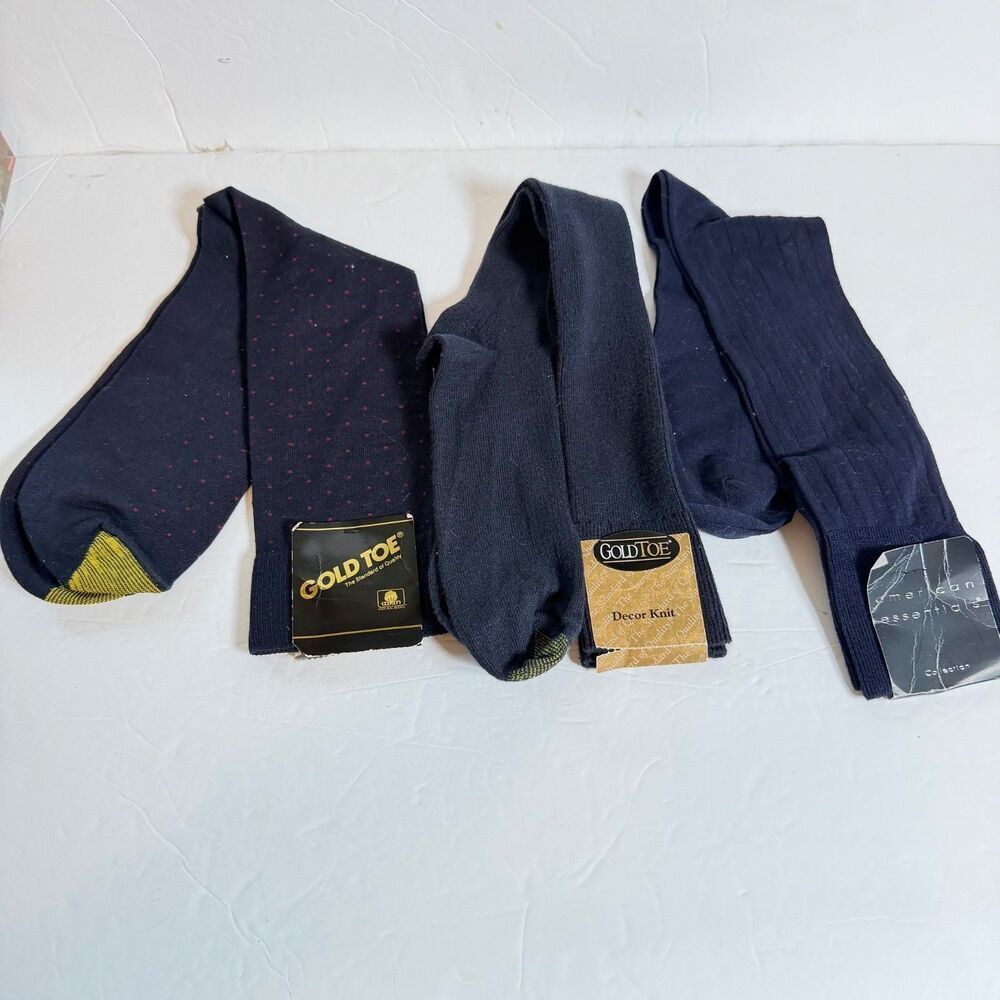 Vintage Mens Dress Socks Lot 3 NWT Gold Toe American Essentials Navy Cotton